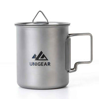 Lightweight titanium camping cup with folding handles, holding 450ml, shown on a plain background.