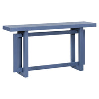 Navy blue console table placed against white wall showing its length and slim design.