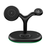 Wireless charger connected to a charging cable displayed on a clean surface with user manual beside it.