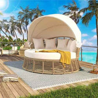 Outdoor Patio Rattan Round Daybed with Retractable Canopy, Wicker