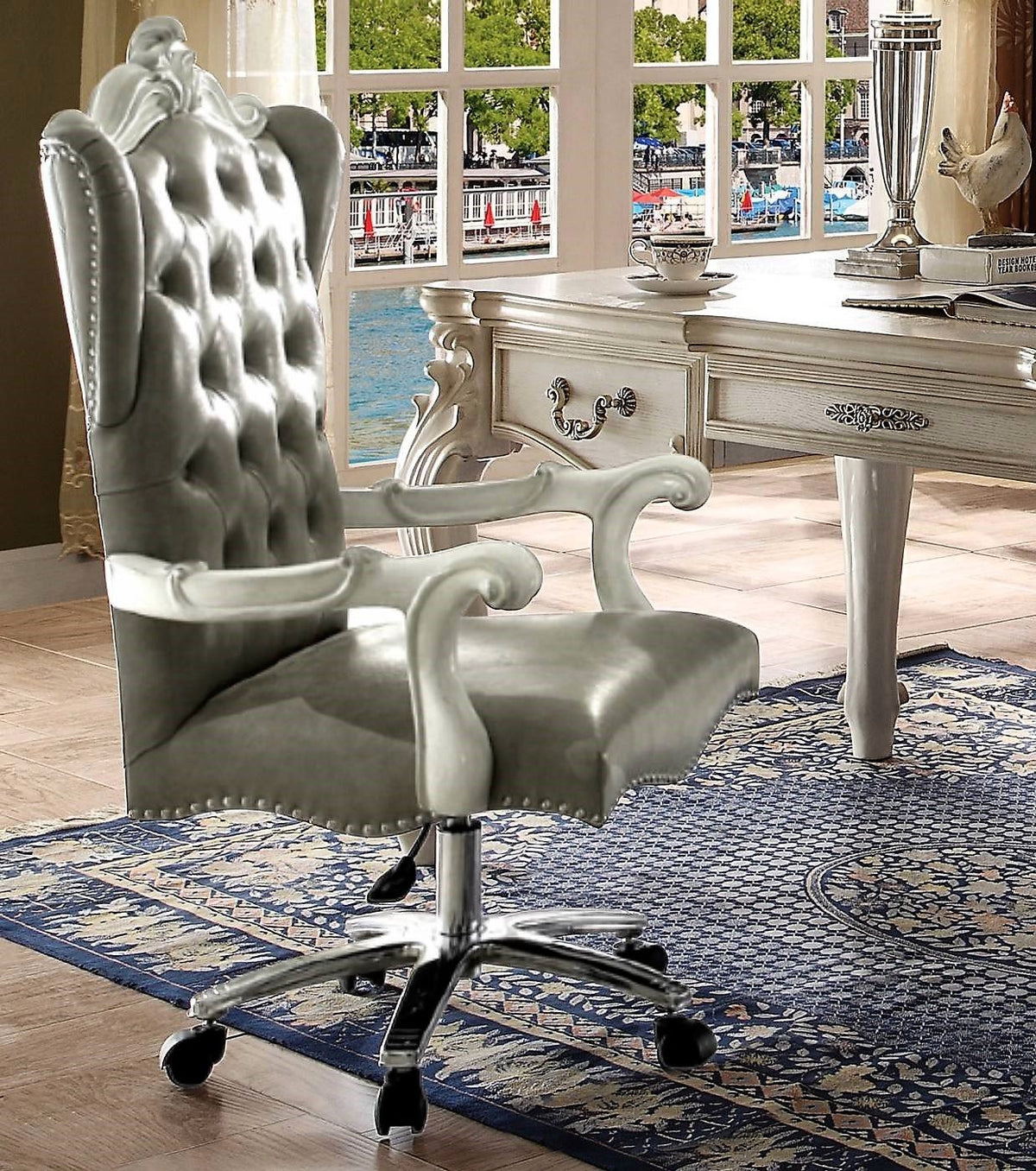 28inches X 28inches X 48inches Silver Faux Leather Upholstery Finish