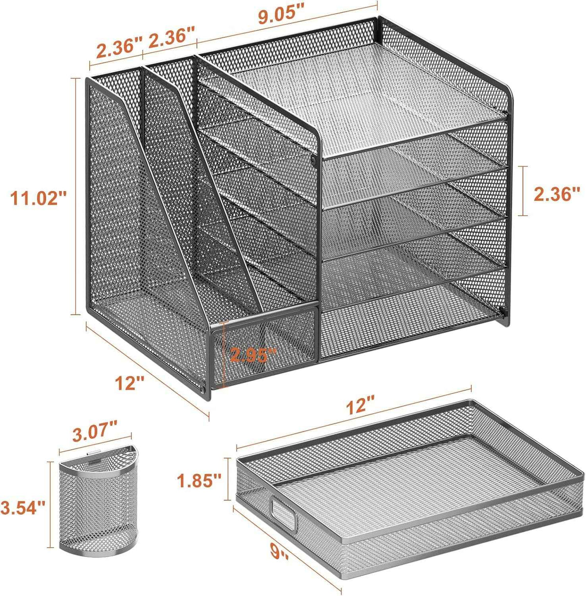 Grey 5 Tier Mesh Desk Organizer With Drawer And File Trays