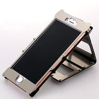 Silver Steel Armour iPhone Case II on iPhone with screen facing up showing precise button cutouts