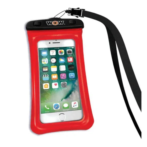 Blue waterproof phone holder displayed at an angle on a white surface.