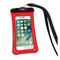 Blue waterproof phone holder displayed at an angle on a white surface.