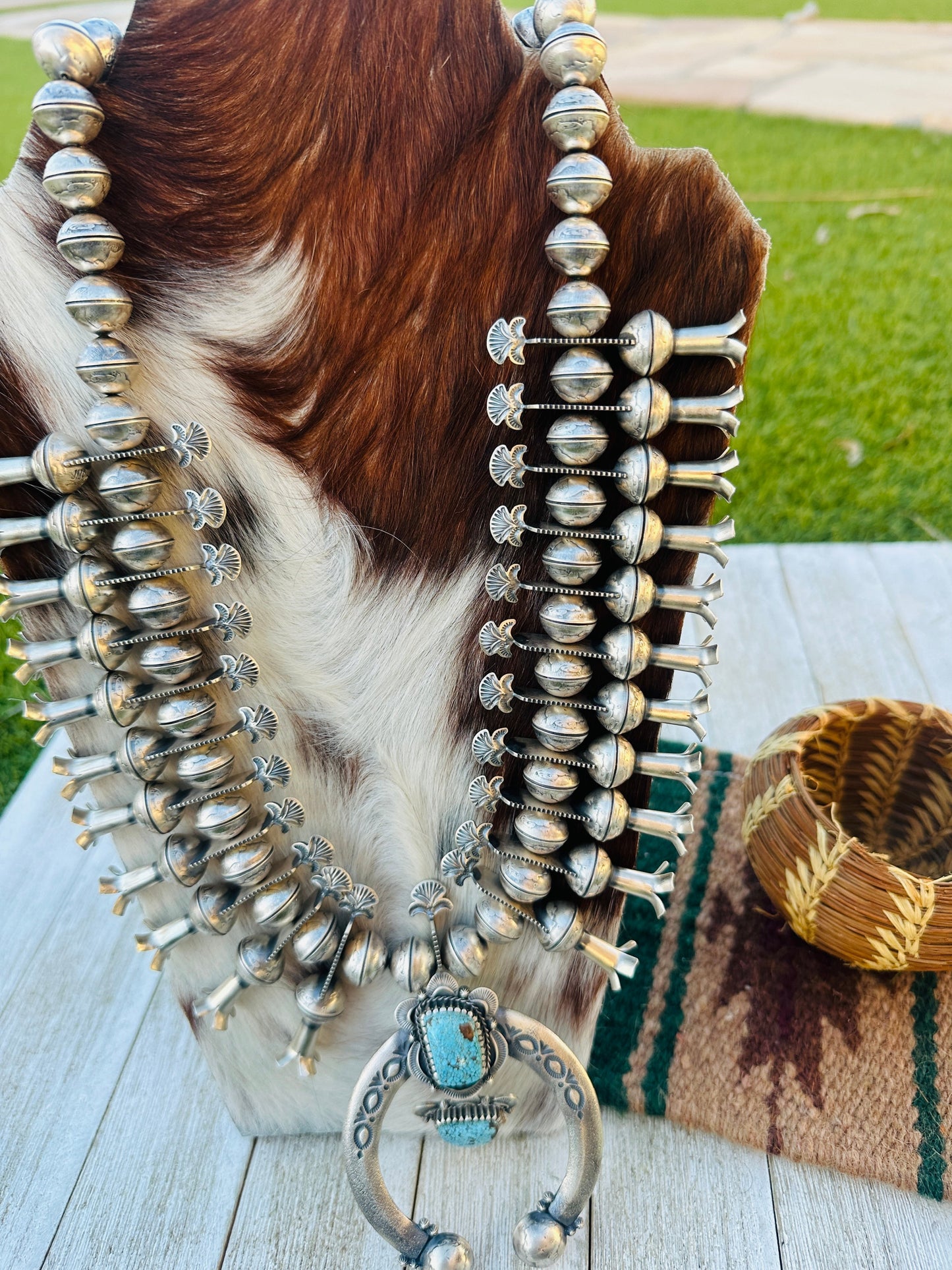 Handcrafted Vintage Old Pawn Turquoise & Sterling Silver Beaded Squash Blossom Necklace by James McCabe
