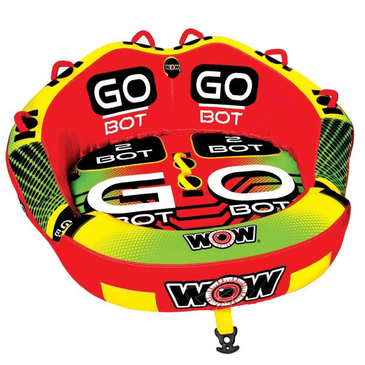 Diagram of Go Bot towable showing front and back tow points and seating positions.