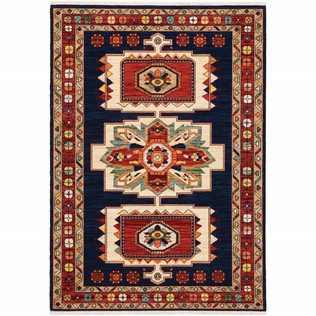 7inches x 10inches Blue Red Machine Woven Medallions Indoor Area Rug