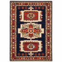 7inches x 10inches Blue Red Machine Woven Medallions Indoor Area Rug