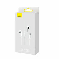 White Type-C wired headset earplugs with cable arranged neatly on white background.