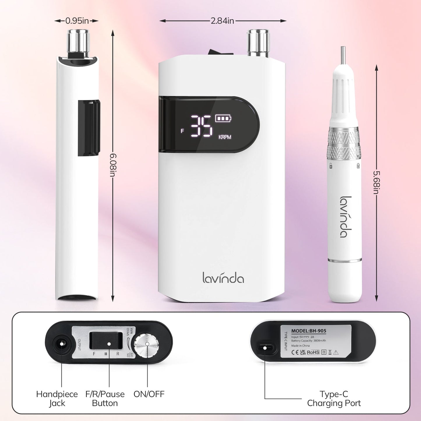 Wand Nail Drill - White - 35,000 RPM Rechargeable