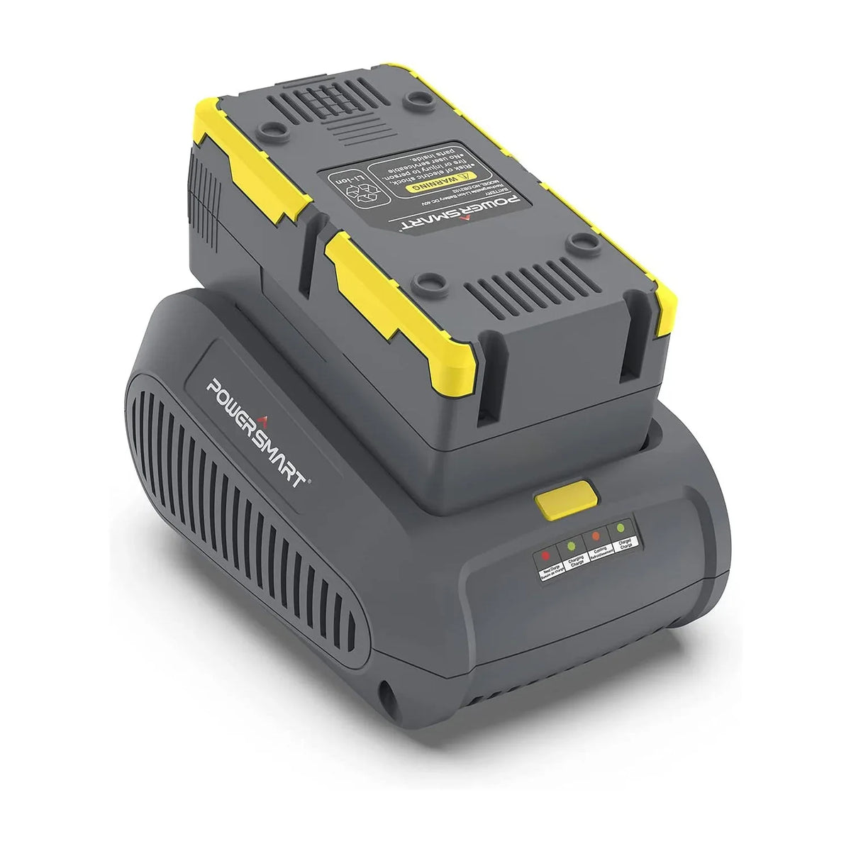 Side view of the lithium battery charger highlighting its compact design and casing details.