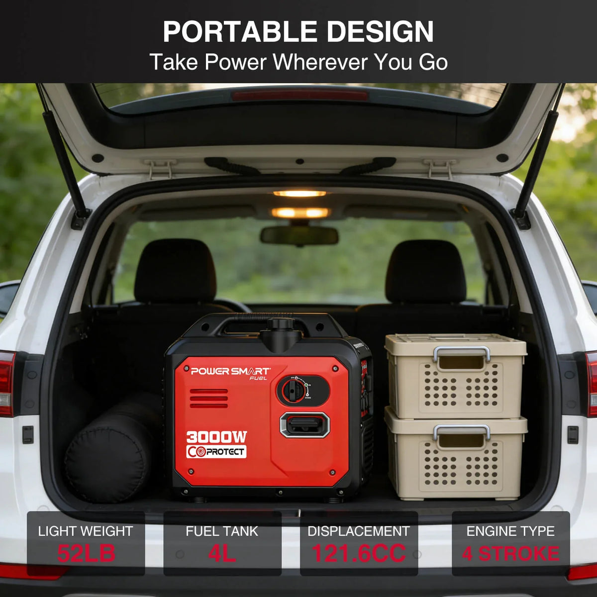 Generator alongside power cords and camping gear, emphasizing outdoor readiness.