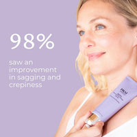 Woman gently rolling Ageless Throat Serum onto her decolletage and neck area.