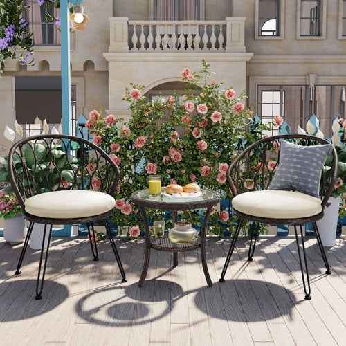 Outdoor Leisure Set, 2 Rattan Single Chairs with A Glass Round Table,