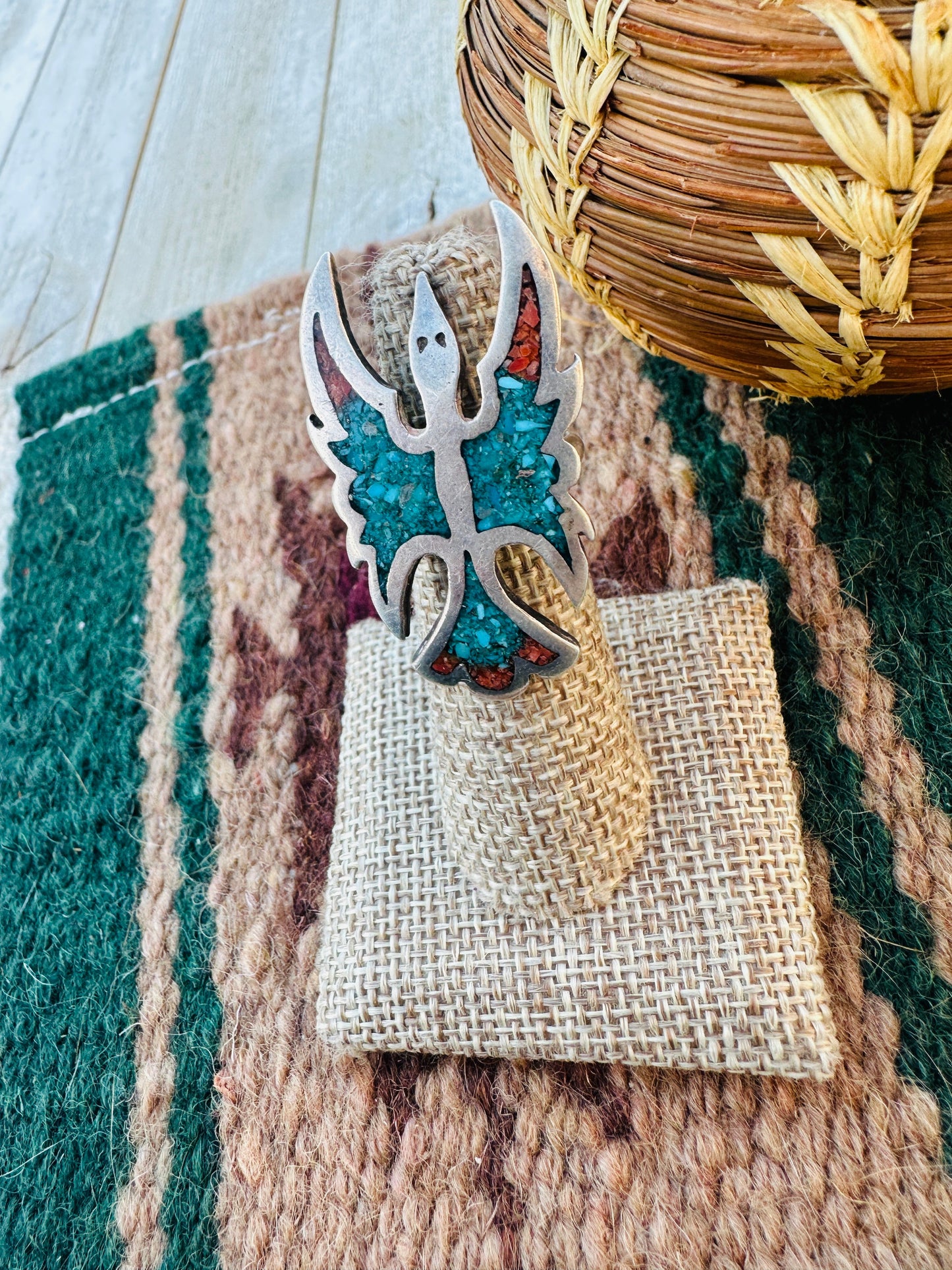 Old Pawn Handcrafted Turquoise, Coral & Sterling Silver Inlay Waterbird Ring Size 5.75