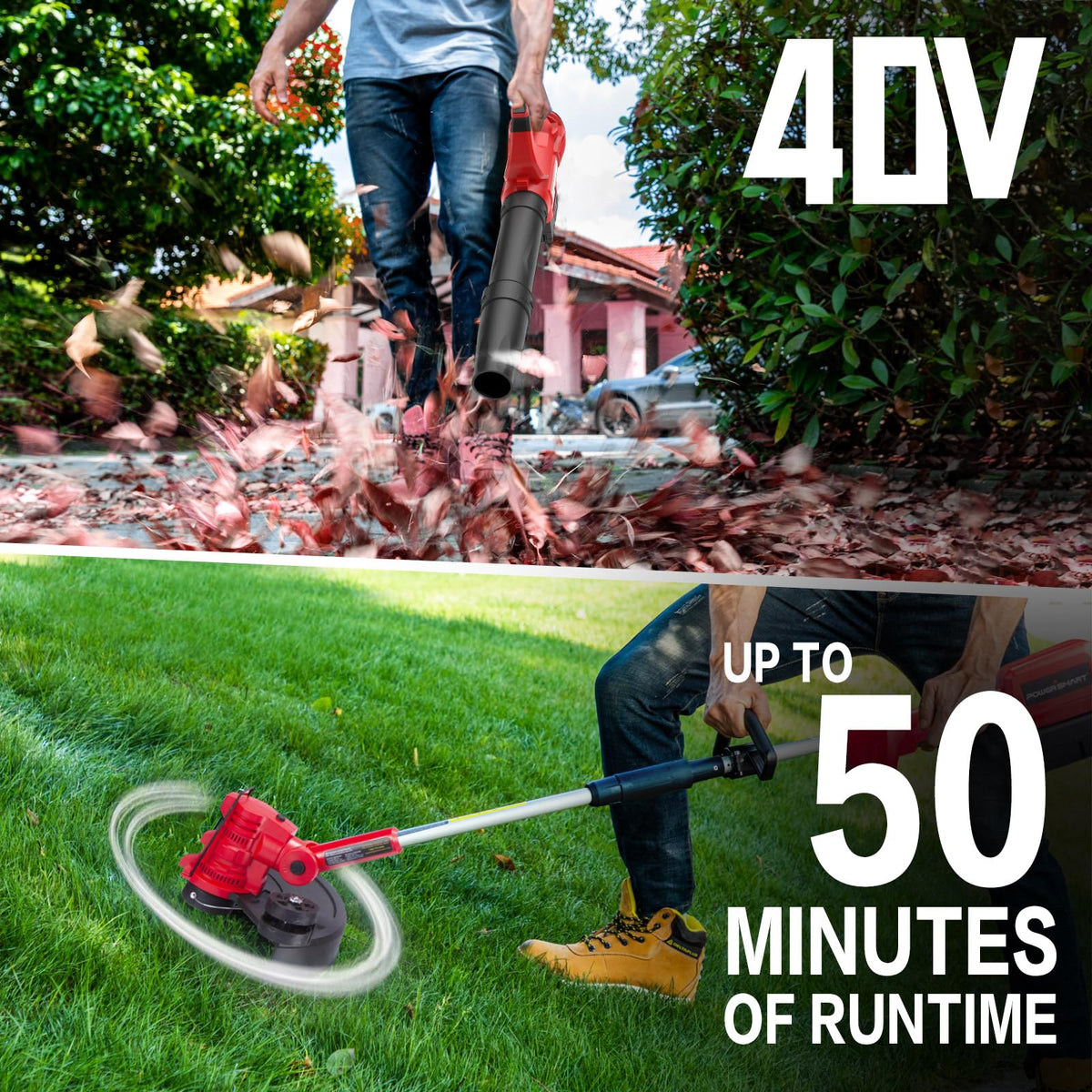 Person wearing gloves using 40V string trimmer to edge lawn near flower bed