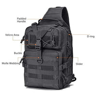 Front of black tactical sling bag with multiple zippered compartments and MOLLE webbing.