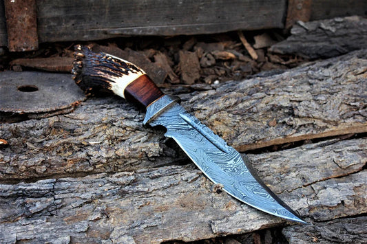 Custom Handmade 13" Damascus Bowie Knife – Stag Crown & Rosewood Handle with Leather Sheath