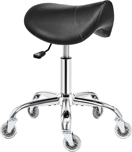 BEWISHOME Saddle Stool with Wheels, Swivel Adjustable Rolling Stool,Heavy Duty PU Leather Wide Thick Seat Padding Ergonomic Chair for Beauty Salon Spa Clinic(Black) BMD01B