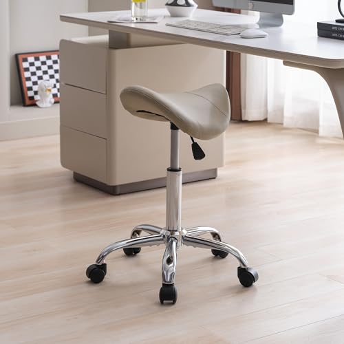 FIRAVOE Saddle Stool, Swivel Saddle Stool with Wheels, Adjustable Rolling Stool 18"-26", Faux Leather Rolling Stool for Salon, Massage, Clinic, Lab, Office (Light Grey, 1PCS (18"-26"))