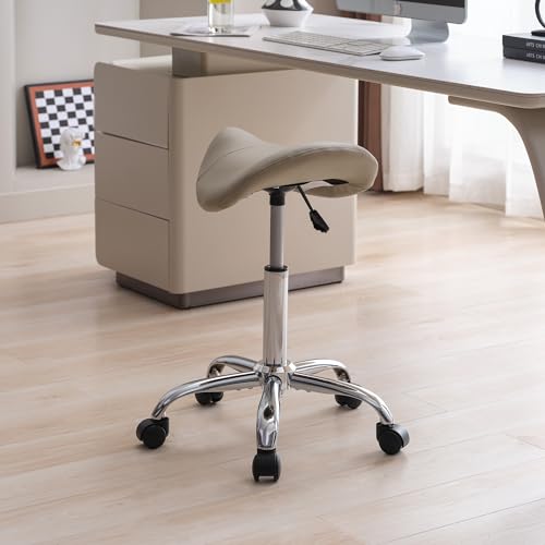 FIRAVOE Saddle Stool, Swivel Saddle Stool with Wheels, Adjustable Rolling Stool 18"-26", Faux Leather Rolling Stool for Salon, Massage, Clinic, Lab, Office (Light Grey, 1PCS (18"-26"))