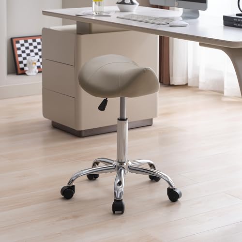FIRAVOE Saddle Stool, Swivel Saddle Stool with Wheels, Adjustable Rolling Stool 18"-26", Faux Leather Rolling Stool for Salon, Massage, Clinic, Lab, Office (Light Grey, 1PCS (18"-26"))