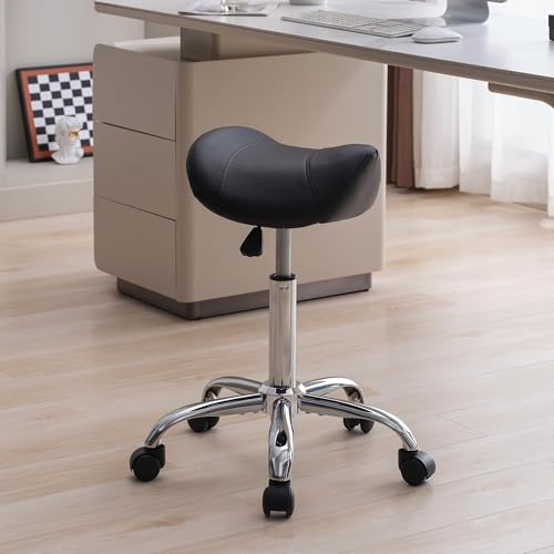 FIRAVOE Saddle Stool, Swivel Saddle Stool with Wheels, Adjustable Rolling Stool 18"-26", Faux Leather Rolling Saddle Stool for Salon, Massage, Clinic, Lab, Office (Black, 1PCS (18"-26"))
