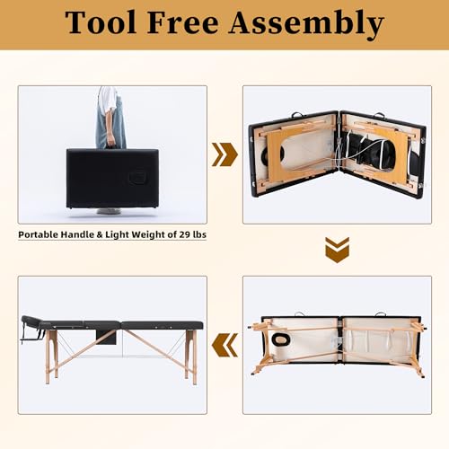 civama Massage Table Massage Bed Portable, 29 LBs Light Weight 2 Section Foldable Tattoo Bed Facial Care Spa Lash Bed Height Adjustable Sturdy Wooden Frame with Accessories Carrying Bag, Black