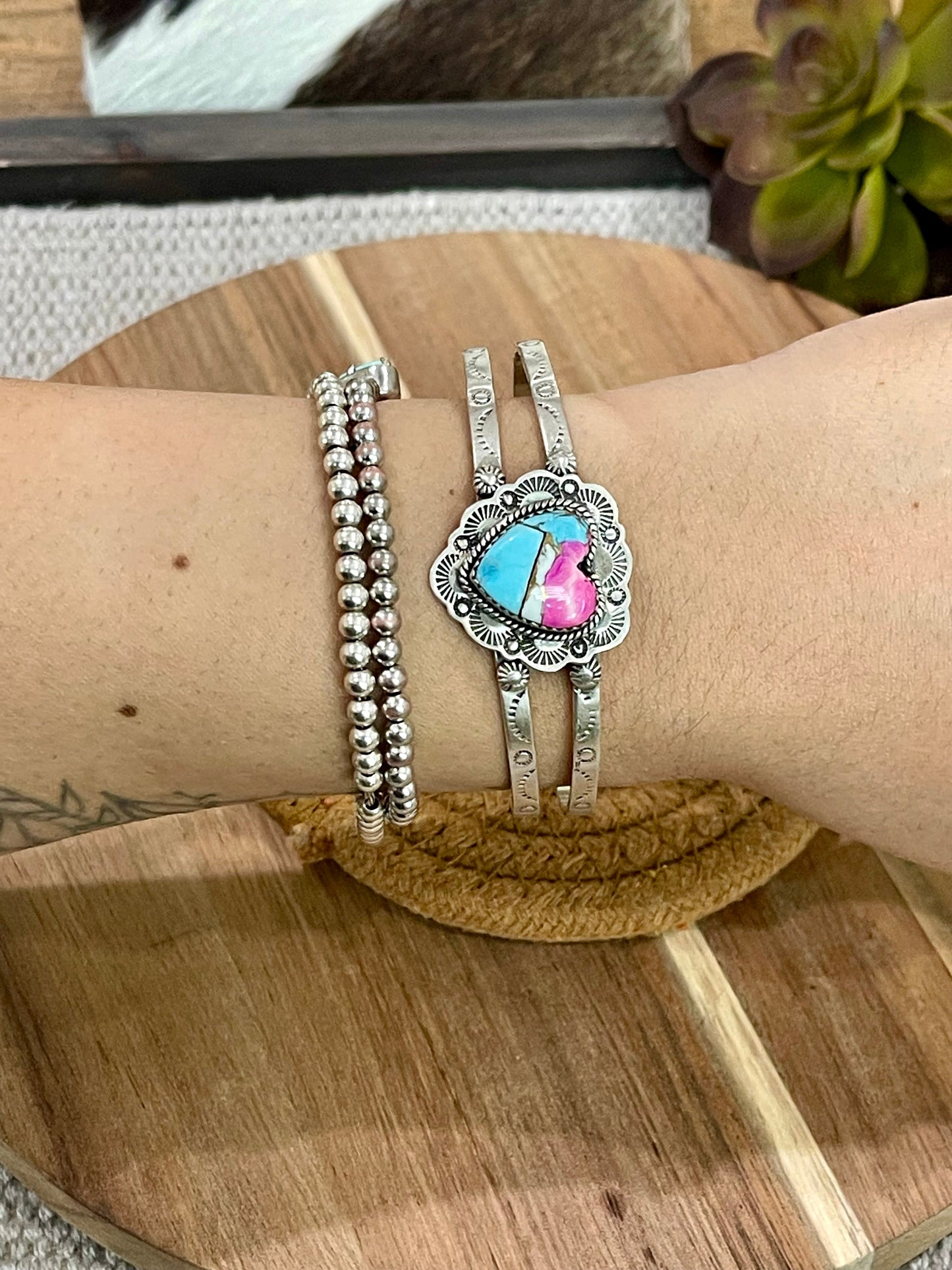Handmade Sterling Silver & Cotton Candy Heart Cuff Bracelet