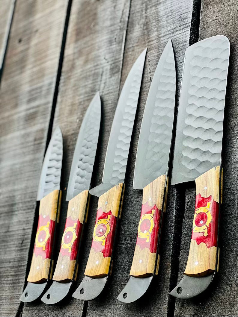 Stainless Steel Knife Set 13" – Forged Blades with Olivewood & Epoxy Handles + Leather Sheath