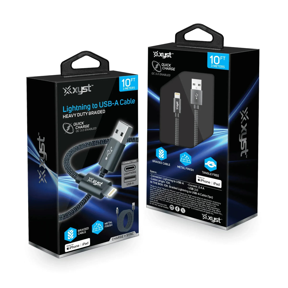 Xyst Charge and Sync USB to Lightning Braided Cable 10Ft - Trustymall