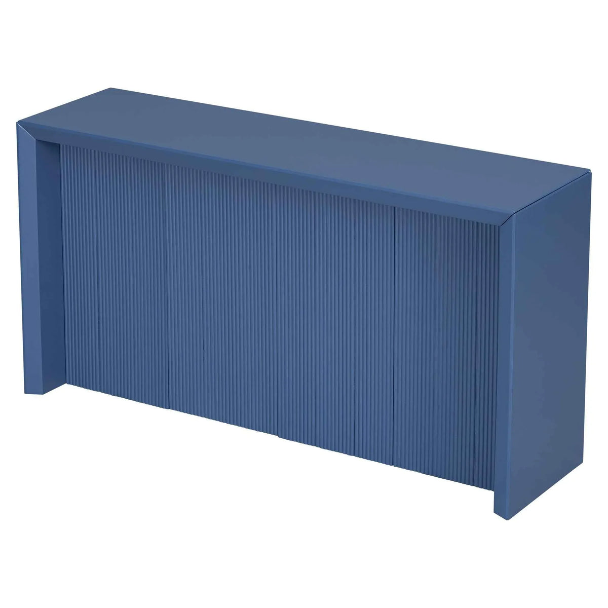 Close-up of table surface showing navy blue acacia wood veneer with wavy edge detail