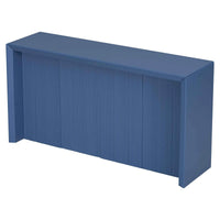 Close-up of table surface showing navy blue acacia wood veneer with wavy edge detail