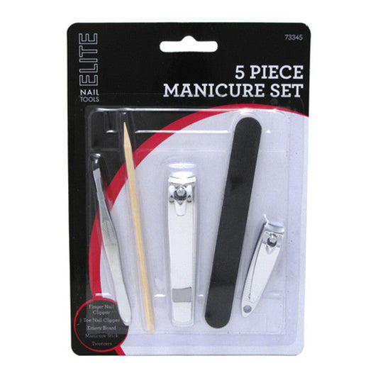 Swissco 5 Piece Manicure Pedicure Set - Includes Bamboo Sticks, Emery Board, Stainless Steel Nail And Toe Clippers, Cuticle Remover