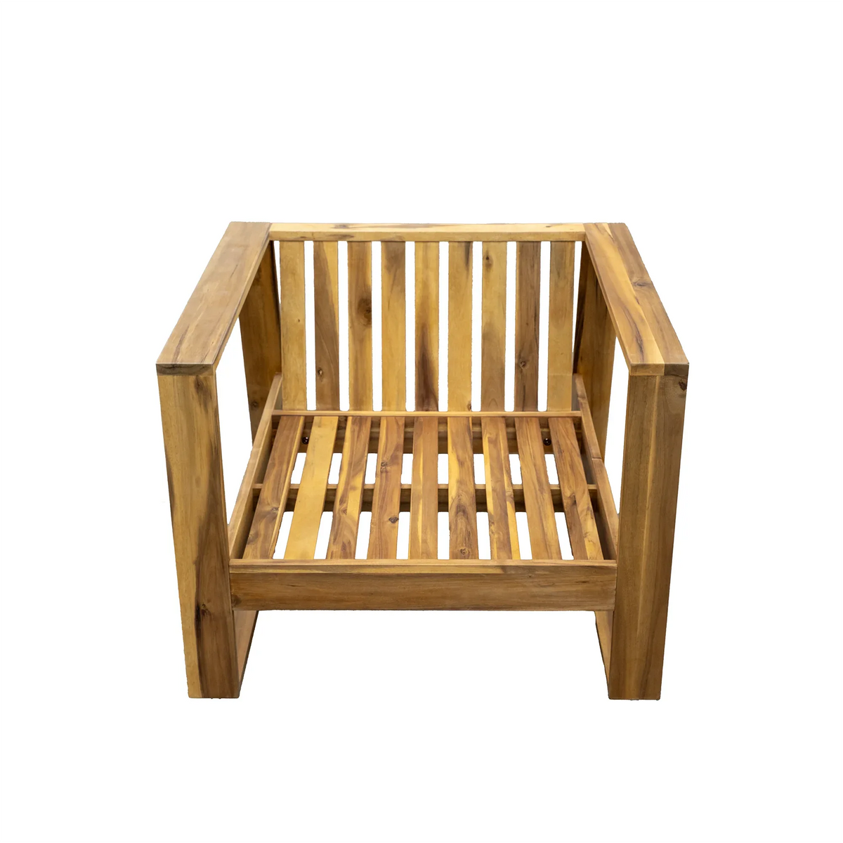 Lounge set on garden patio with acacia wood chair and ottoman in natural finish