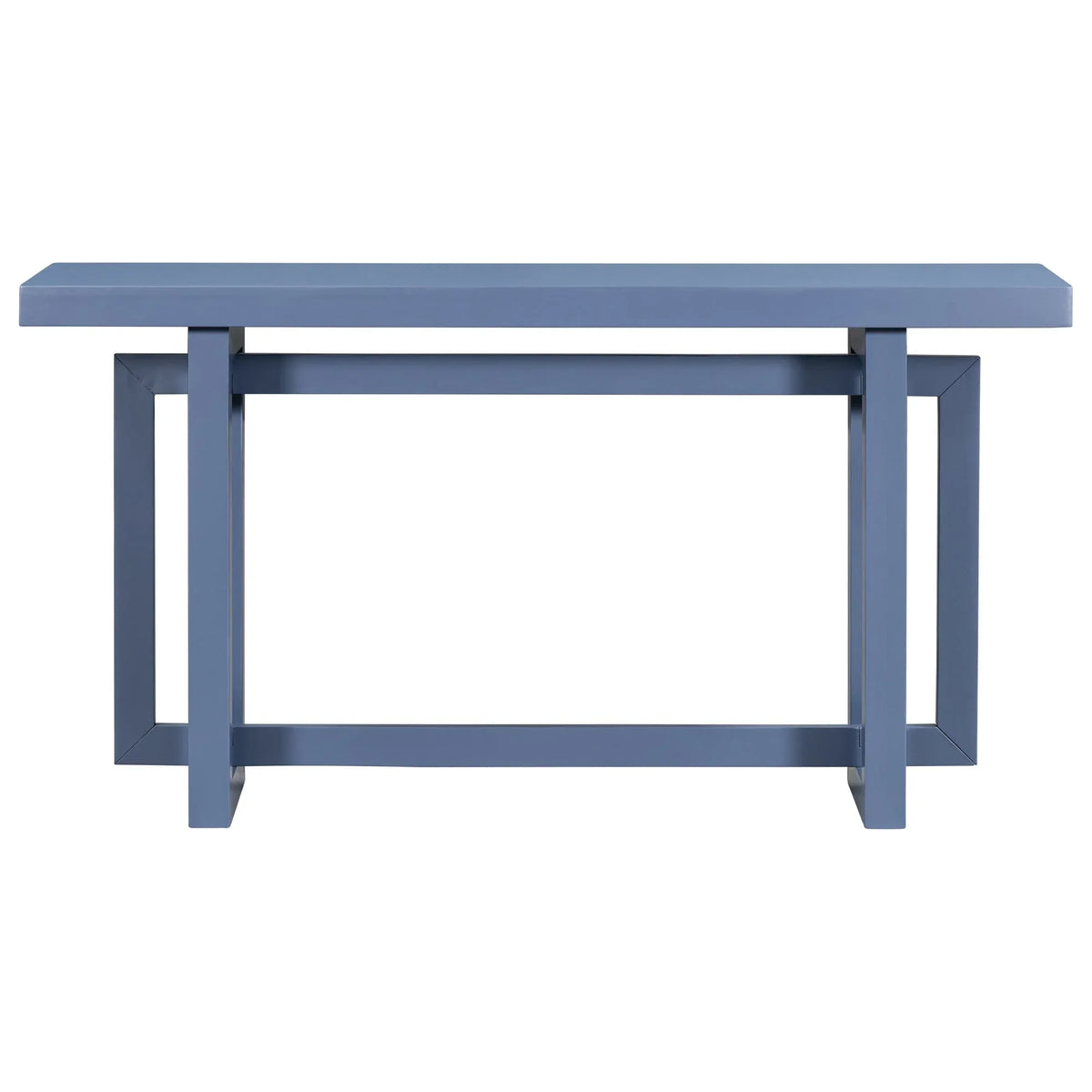 Detailed shot of the table’s clean lines and navy blue painted base.