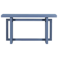 Detailed shot of the table’s clean lines and navy blue painted base.