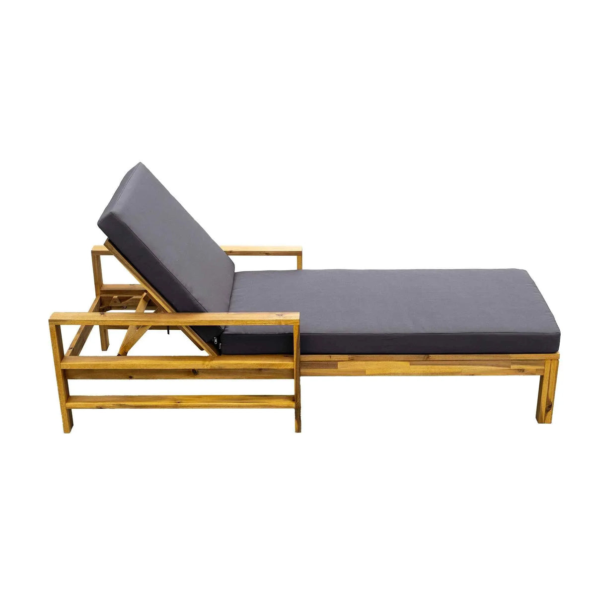 Side view of Acacia wood lounge chair showing adjustable backrest and cushioned seat.