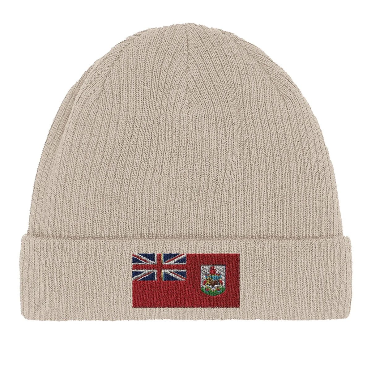 Side view of the green Bermuda flag beanie highlighting fabric material