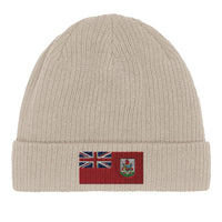 Side view of the green Bermuda flag beanie highlighting fabric material