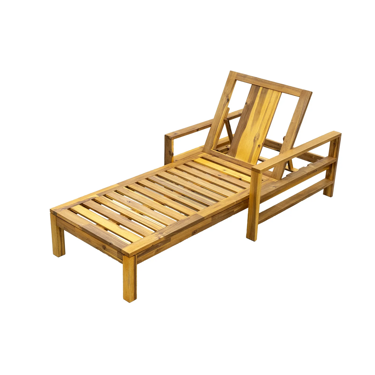 Blue cushioned lounge chair with adjustable backrest, crafted from natural acacia wood.