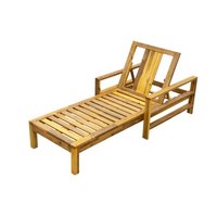 Blue cushioned lounge chair with adjustable backrest, crafted from natural acacia wood.