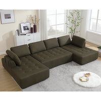 Green modular U-shaped living room sofa with plush cushions and upholstered in polyester fabric.