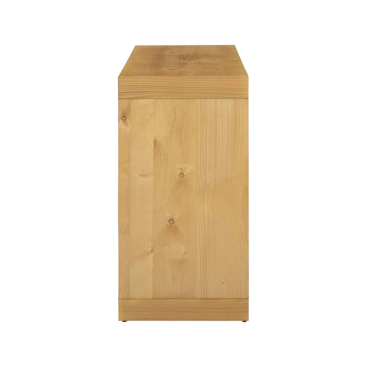 Front view of minimalist wooden entrance table against pale wall.