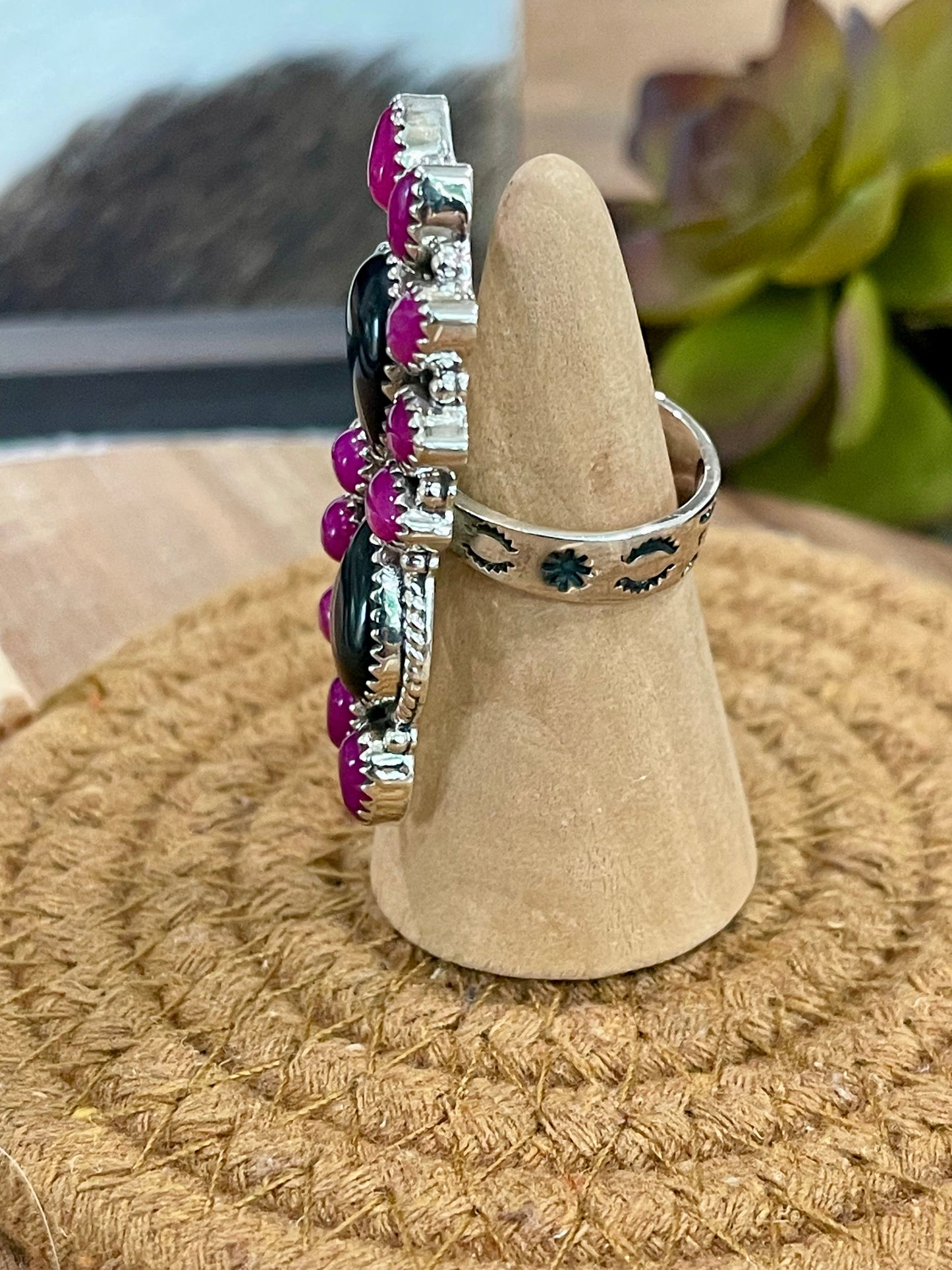 Handmade Sterling Silver, Onyx & Pink Onyx Cluster Adjustable Ring