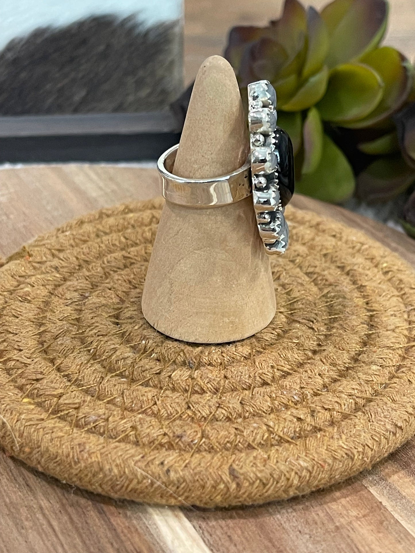 Handmade Sterling Silver, Onyx & Moonstone Cluster Adjustable Ring