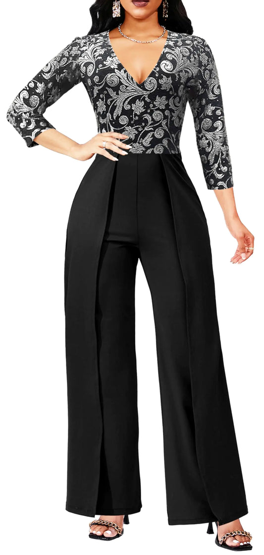 Yiershu Women sparkly jumpsuits Elegant 3/4 Sleeve High Waist Long Pants Party Club