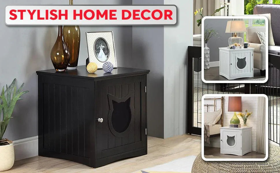 Wooden cat house side table acting as a nightstand in modern living room