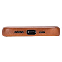 iPhone 12 in brown leather snap-on case viewed from side, showing slim profile and raised edges